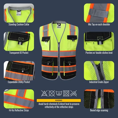 JKSafety Safety Vest for Men Women Hi Vis with Pockets and Cushioned Collar Construction Vest Meet ANSI Standard (BX360) - color: Yellowblack, size: Large