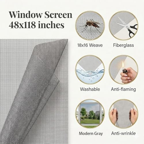 Window Screen & Screen Door Repair Kit (48"x118") - Fiberglass Mesh Replacement with 10M Spline, Rolling Tool, Clips, Cutter & Measuring Tape, Gray