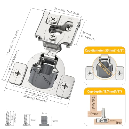 Furniware 20 Pack 10 Pairs 3/4 inch Overlay Soft Close Hinges for Face Frame Kitchen Cabinet Hinges Satin Nickel - 3 Way Adjustability Concealed Soft Close Hinges Damper Self Closing - size: 3/4 inch Overlay