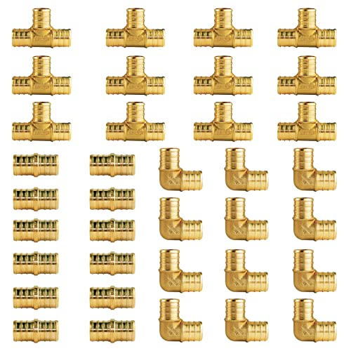 WiseWater 36 Pcs Pex Fittings, 3/4 inch T PEX Tee(12PCS) & 90 Degree Elbow & Straight Coupling, Brass Barb Crimp Pipe Fitting for Pex Pipe(Pack of 36), UPC Certified - size: ZH61902(3/4" PEX FITTINGS 36pk)