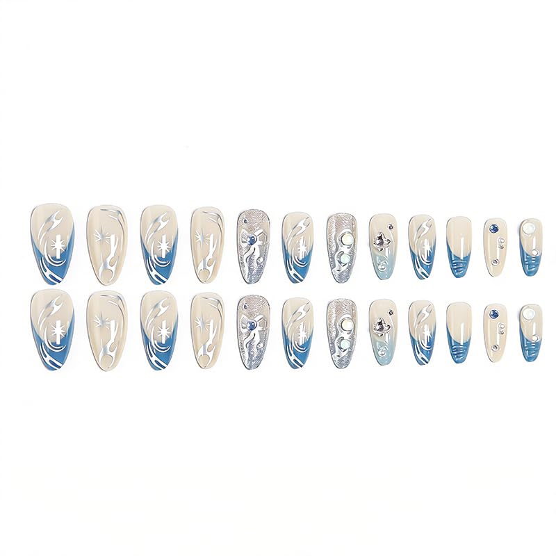 3D Press on Nails Almond - Medium French Tip Fake Nails with Embossed Bow&Blue Bead Designs, Glossy Finish Reusable False Nails for Women Manicure(3D Embossed design 15) - color: 3D Embossed design 15