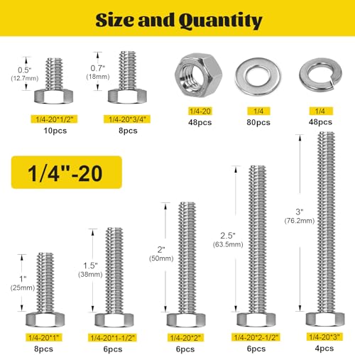224PCS 1/4-20 Hex Bolts and Nuts Assortment Kit, 304 Stainless Steel - size: SS 1/4-20 224pcs