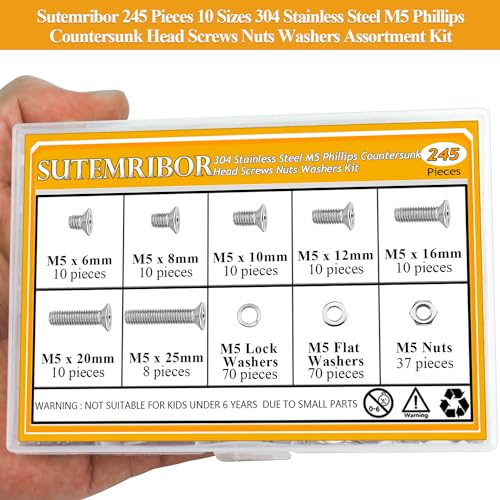 245 Pieces M5 Machine Screws Nuts Washers Set, Sutemribor M5 x 6/8/10/12/16/20/25mm Phillips Countersunk Head Machine Screws Nuts Washers Assortment Kit, 304 Stainless Steel, Fully Threaded - size: M5, style: Phillips Countersunk Head