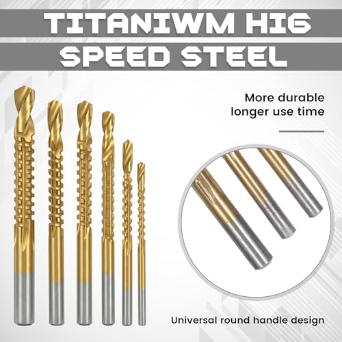 JJUNW 6 Pack Titanium Coated HSS Twist Drill Bits, 3-8mm Serrated Side Cutting Drill Bit, Hex Shank Serrated Cutting Drill Bits, Woodworking Tools for Wood Metal Plastic Hole