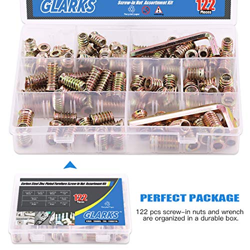 Glarks 120Pcs 1/4"-20, 5/16"-18 Threaded Inserts Nuts Assortment Set, Zinc Plated Carbon Steel Hex Socket Drive Furniture Flanged Screw-in Nut with M6 M8 Hex Wrench for Wood Furniture - size: 1/4"-20 & 5/16"-18 Assortment