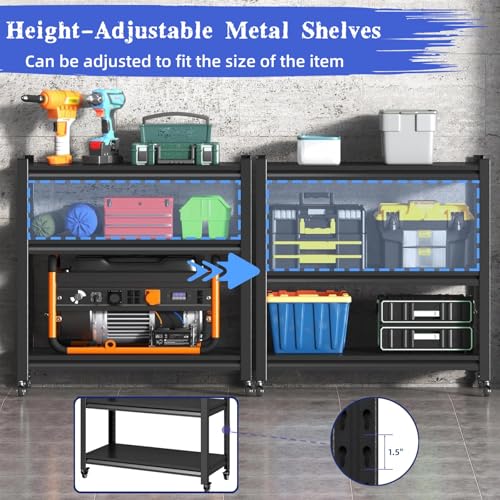 330LBS Workbench on Wheels, 3-Tier Metal Garage Storage Shelves, Adjustable Heavy Duty Rolling Utility Cart for Warehouse Workshop Basement Pantry Kitchen, 31.5"x15.8"x31.5",Black