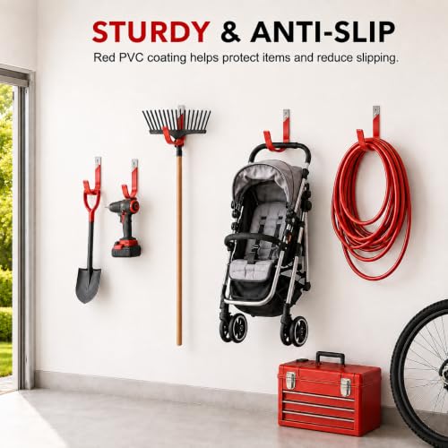 Heavy Duty Metal Garage Hooks Wall Mount 2 Pack, Garage Hanger Utility Storage Hooks for Outside, Hose Rack Suitable for Garage,Garden and Yard,Red