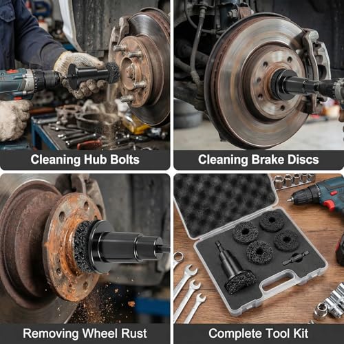 Wheel Hub Resurfacing & Stud Cleaning Kit, Quick Rust Removal Tool for Lug Nuts & Brake Rotors, Fits 1/2" Wrenches/Electric Drills, 8 Pcs Included, Automotive Tool for Cars & Trucks