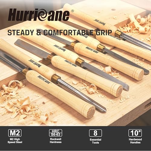 HURRICANE 8pc Wood Lathe Chisel Set, M2 HSS Wood Turning Tools with 10" Solid Hardwood Handles, Lathe Tool Kit for Beginners and DIY Hobbyists, Includes Protective Canvas Pouch - size: 8 pc with Canvas Pouch