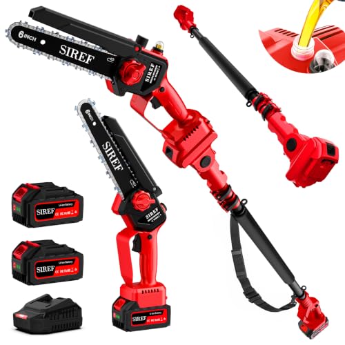 2-in-1 Electric Pole Saw 6“ Mini Chainsaw Cordless Brushless 2x4.0Ah Batteries Fast Charger Telescopic Power Pole Saw Tree Trimmer Limb Branch Cutter Pruner 16 Ft Max Reach Multi-Angle Red - color: Red-2 Batteries