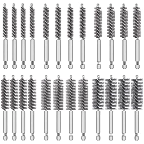 24 Pcs Drill Brush Set Wire Brush for Drill with 1/4 Inch Hex Shank Stainless Steel Bore Cleaning Brushes 8/10/12/15/17/19mm for Power Drills Impact Driver
