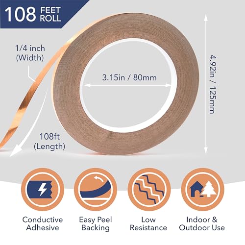 Kraftex Copper Tape [1/4" x108ft, 2PK] – Copper Foil Tape for Stained Glass, DIY Crafts, Guitar Shielding, Slug Control & Faraday Projects - size: 1/4" × 108ft (2 Pack)