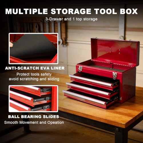3 Drawer 20“ Metal Tool Box Portable Steel Tool Chest with Metal Latch Closure for Garage, Home and Workbench, Red - size: 20Inch-RED