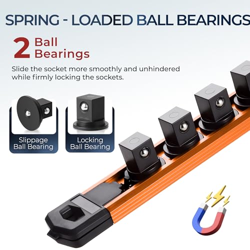 Reniteco Magnetic Socket Organizer, 3/8” Aluminum Alloy Rail, 14 Clips - color: Orange, size: 3/8-inch Drive