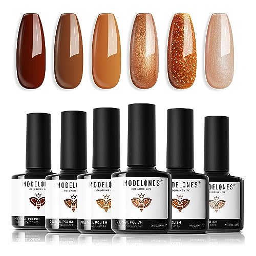 modelones Gel Nail Polish Set, 6 Colors Pearl Nude Brown Shimmer Glitter Gel Polish Kit, All Seasons Soak OFF LED Manicure Salon DIY Gift - color: Z-Cinnamon Brown