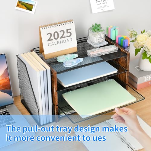 OPNICE Desk Organizer, 4-Tier Desktop File Organizer with Drawer and Pen Holders, Office Desk Accessories, File Sorters, Workspace Organizers for Office Supplies(Brown Wood) - color: Brown Wood, size: 4T