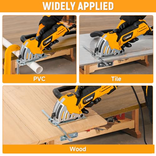 Hoteche 3-3/8-Inch Mini Circular Saw, 500W Compact Electric Circular Saw with 2pcs Blades for Wood, Tile & Soft Metal, Includes Dust Tube, and Parallel Guide - size: 3-3/8-Inch 500W