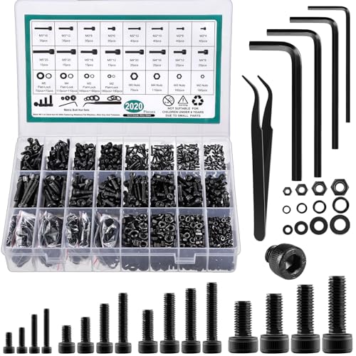 2024 Pcs Metric Screw Assortment, Bolts and Nuts Assortment Metric Machine Screw Assortment M2 M3 M4 M5, 12.9 Alloy Steel Black Zinc Plated Hex Socket Head Screws Nuts Bolts and Washers Set - size: M2-M5, 12.9 Alloy Steel, Hex Socket Head