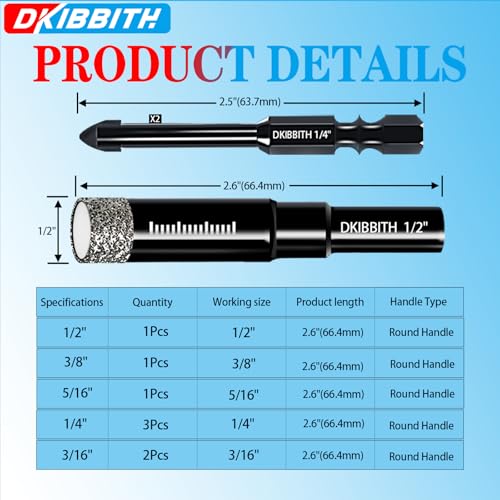DKIBBITH 10 Pack Dry Diamond Drill Bits & Tile Drill Bit Set for Ceramic, Porcelain, Marble, Granite, Stone, Glass - Round Shank 3/16"(x2), 1/4"(x3), 5/16", 3/8", 1/2"+2 Pack Drill Bits 1/4" - size: 10 Pcs Diamond Drill Bit