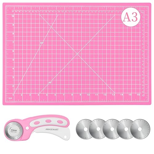 45mm Rotary Cutter and Mat Set, Fabric Cutter Wheel and 12x18 Inch Self Healing Sewing Cutting Mat, Fabric Rotary Cutter with 5pcs Rotary Blades for Quilting Patchworking Crafts, Pink - color: Pink