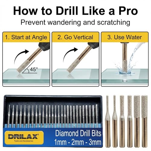 Drilax 30-Pc Diamond Drill Bits for Stone, Glass, Dremel, 1-3mm, 1/8" Shank - size: 1mm - 2mm - 3mm