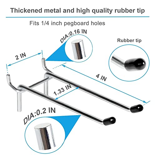 15 Pcs Double Pegboard Hooks 4 Inch, Heavy Duty Peg Board Hooks with Black Rubber Tipped, Pegboard Accessories Fit 1/4' Board Holes, Peg Tool Utility Hook Organizers for Garage
