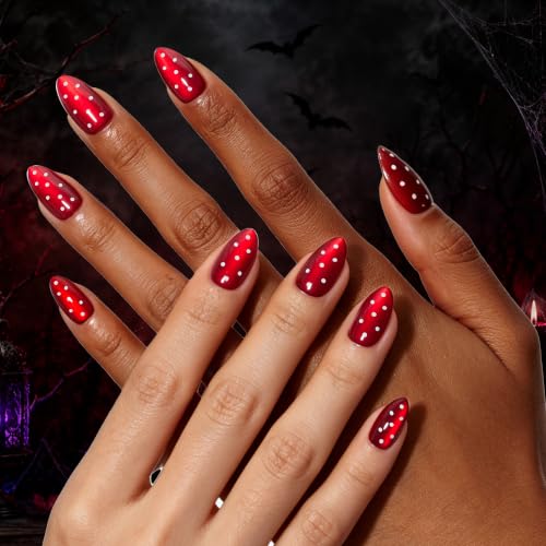 Beetles Red Press On Nails Short Almond, Halloween Cat Eye Polka Dot - color: 2C - Polka Ruby - S
