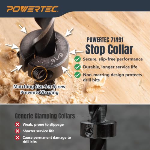 POWERTEC Drill Bit Stop Collar Set, 7 Piece Set Adjustable Drill Bit Depth Stopper with Allen Wrench, Bit Stop with Imperial System Size Markings - 1/8", 3/16", 1/4", 5/16", 3/8", 7/16", 1/2” (71491E) - style: 7PC Imperial Drill Stop Set (1/8"-1/2")