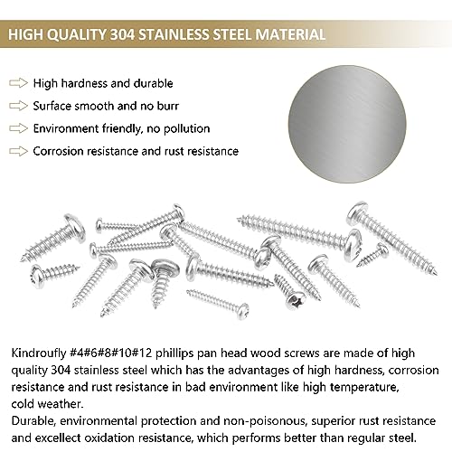 542 Pieces #4#6#8#10#12 Phillips Pan Head Self-Tapping Screws, Wood Screws Assortment Kit, 304 Stainless Steel - size: #4#6#8#10#12