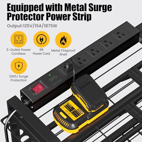 MOOMSINE Large Power Tool Organizer Wall Mount with Charging Station for Garage, 400lbs Metal Storage Rack with 8 Cordless Drill Holder, 4 Tier Heavy Duty Battery Tool Shelf with 5 Outlet Power Strip - size: 32 Inch（4 Tier Power Station）