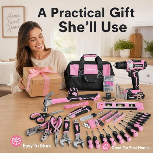 Bielmeier 20V 236Pcs Cordless Pink Drill Set for Women, Home Tool Kit