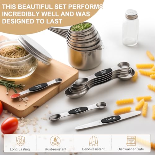 Stainless Steel Measuring Cups & Spoons Set, EWFEN Kitchen Tools Nesting Measuring Cups and Spoons, Fits in Spice Jars for Baking & Cooking, BPA Free, Set of 15 with Leveler, Black - color: Black Spoons