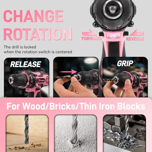 Pink Cordless Drill Driver Set 12V with Charger and 195PCS Tool Kit