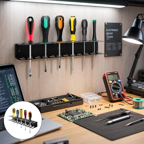 15.7" Screwdriver Holder Organizer, Wall Mounted Durable Tool Storage Rack with 23 Holes for Screw Drivers, Ideal for Garage Workshop and Home Use, Black