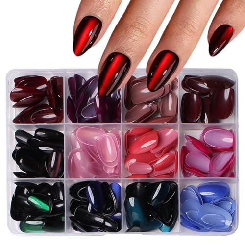 288Pcs Cat Eye Press on Nails Short Almond Fake Nails 12 Color Glitter False Nails Shiny Acrylic Glossy Glue on Nails Gradient Stick on Nail for Women Manicure - color: Style 12