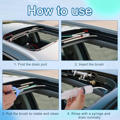 Car Sunroof Drain Cleaning Tool, Extra Long Flexible Wire Cleaner Unclogger with Straight Brush Syringe Leather Hose & Sponge for Auto Sun Roof Cover Windshield AC Line Pipe Detailing