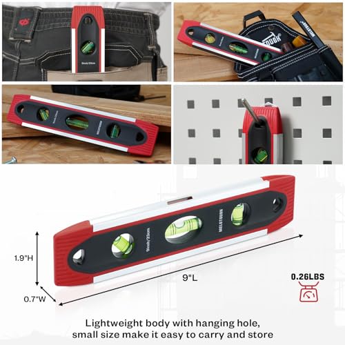 MELOTOUGH 9 Inch Torpedo Level Magnetic,Small Leveler Tool,Spirit Level with 45/90/180 Bubbles,V-Groove,Shock Resistant Leveler,Red - color: Red-1pcs