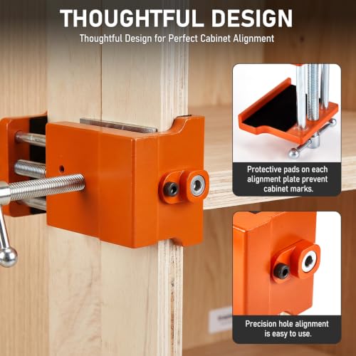 4 Pack Orange Cabinet Clamp, Heavy Duty Aluminum & Steel Cabinet Hardware Jig, Cabinet Install Clamping Tool with Drill Guides EVA Pads for Perfect Cabinet Frame Alignment Woodworking Installation