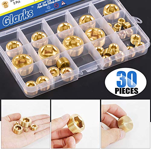 Glarks 30Pcs Brass 1/8'' 1/4'' 3/8'' 1/2'' 3/4'' NPT Male Pipe Plug Fitting Set Internal Hex Thread Socket Pipe Plug Assortment Kit - size: 1/8''-3/4''NPT Assorted