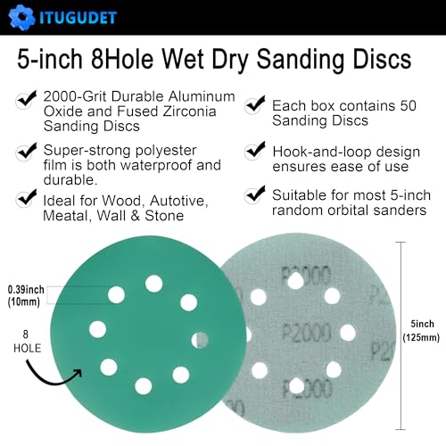 5 Inch 8 Hole P2000 Grit Zirconia Wet Dry Sanding Discs - 50 Pack - size: 2000 Grit