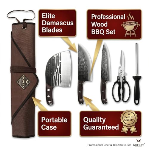 KOFERY Damascus Butcher Knife Set for Pit Master & Brisket Carving - color: Dark-Red