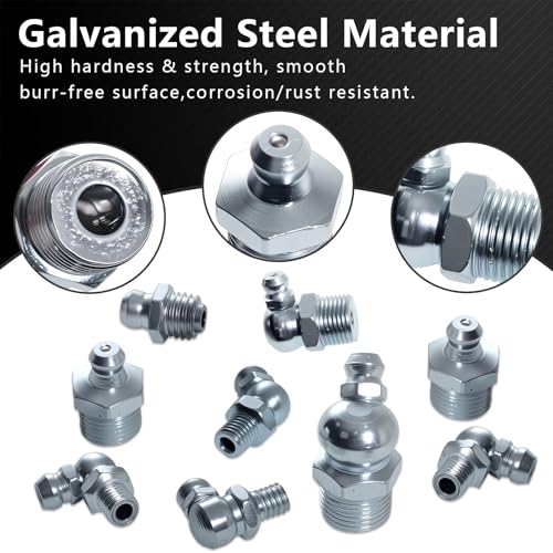 15Sizes Grease Fitting Assortment SAE and Metric Zerk Grease Fittings Kit 1/4 1/8 M6 M8 M10 Straight 45 90 Degree Zerks Nipples (Pack of 45Pcs)