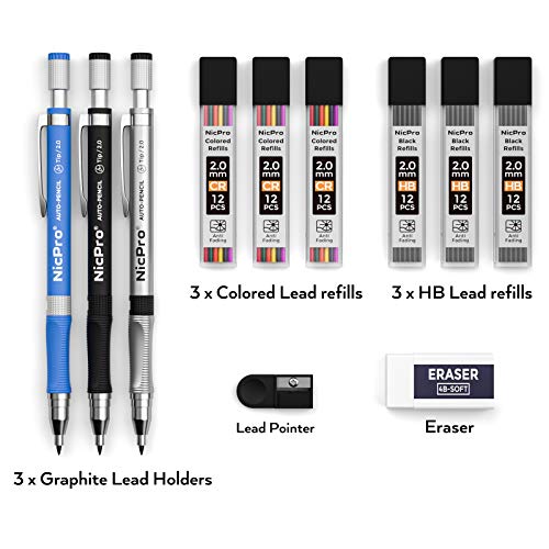 Nicpro 11 Pieces Colors 2mm Mechanical Pencil Set 3 PCS Carpenter Drafting - color: Black & Colors