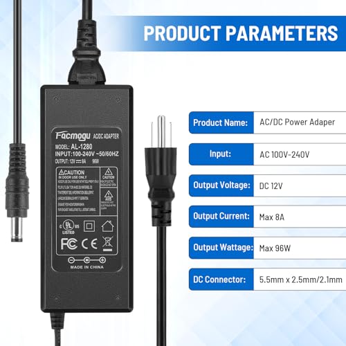 Facmogu 12V 8A AC to DC Converter Power Adapter, 96W AC 100-240V to DC 12V - size: 12V 8A (2 Prong Plug)