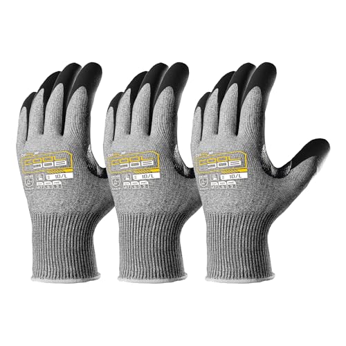 COOLJOB ANSI A7 Cut Resistant Gloves - 1/3/12 Pairs, Nitrile Rubber Dipped Safety Work Gloves with Reinforced Thumb, Non Slip, Breathable, Touchscreen, for Fishing, Gardening, Grey Large - size: Large, style: A7 Pack of 3