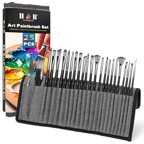 H & B 25 PCS Acrylic Paint Brush Set with Canvas Roll for Oil Watercolor - color: Black