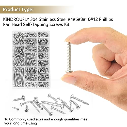 542 Pieces #4#6#8#10#12 Phillips Pan Head Self-Tapping Screws, Wood Screws Assortment Kit, 304 Stainless Steel - size: #4#6#8#10#12