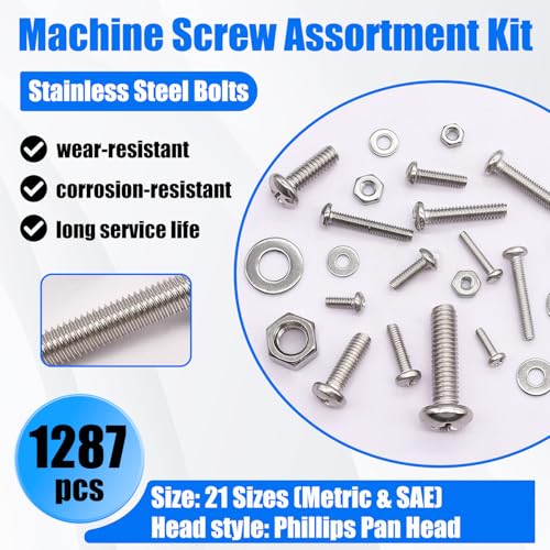 1287Pcs Nuts and Bolts Assortment Kit, 304 Stainless Steel Bolts Machine Screws Hardware Assortment Kit, Metric & SAE Phillips Pan Head Screws, Assorted Bolts, Nuts and Washers Kit - size: 1287PCS