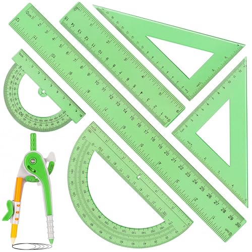 Zonon 7 Pcs Geometry Math Set with Compass Protractor Rulers, Green - color: Green