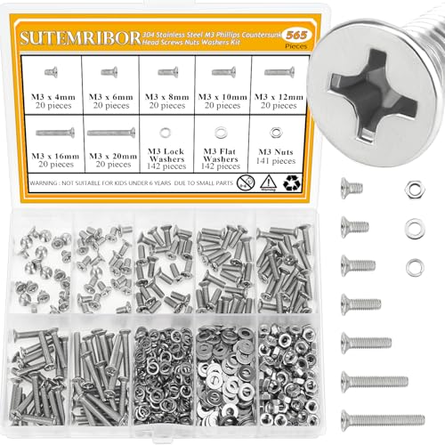 565 Pieces M3 Machine Screws Nuts Washers Set, Sutemribor M3 x 4/6/8/10/12/16/20mm Phillips Countersunk Head Machine Screws Nuts Washers Assortment Kit, 304 Stainless Steel, Fully Threaded - size: M3, style: Phillips Countersunk Head